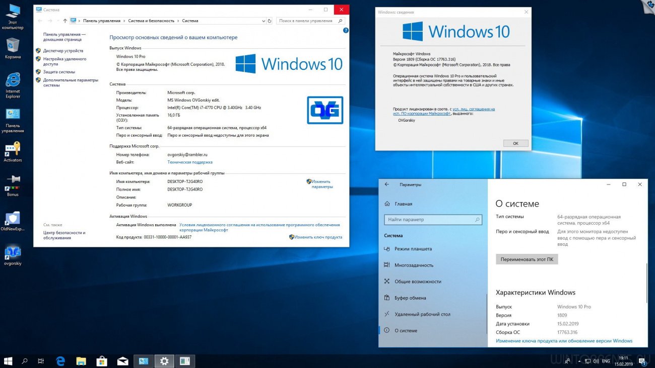 Windows 10 Professional VL (x86-x64) 1809 RS5 RU by OVGorskiy v02.2019